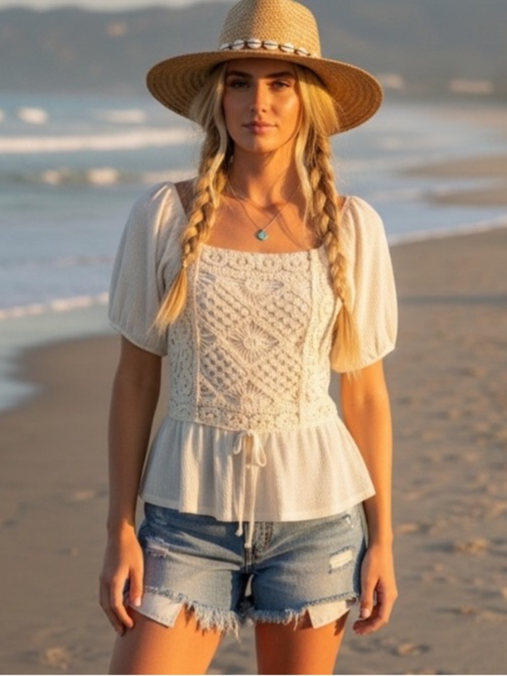 Women's Crochet Babydoll Cream Peplum Top Boho Blouse with Tie Puff Sleeves L